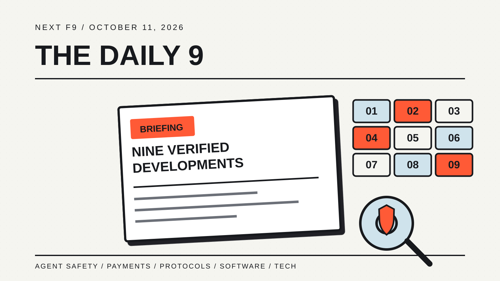 The Daily 9, October 11, 2026: a folded briefing, nine numbered tabs and a security lens.