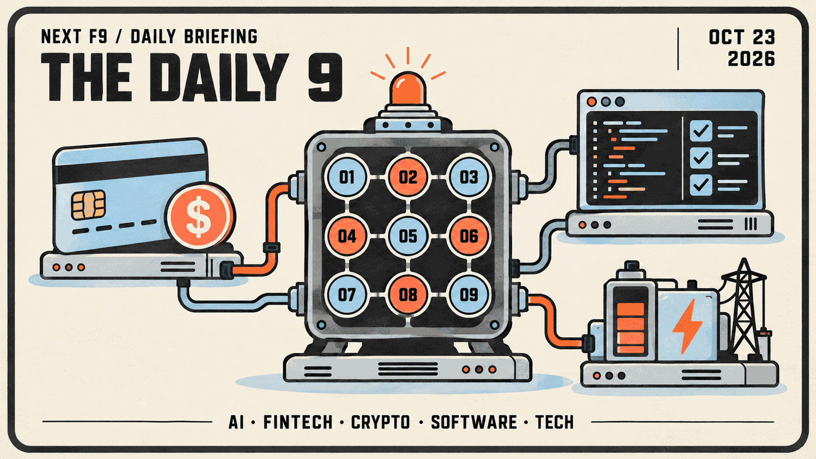 The Daily 9 for October 23, 2026: nine briefing nodes connect tokenized banking, software verification and grid technology.