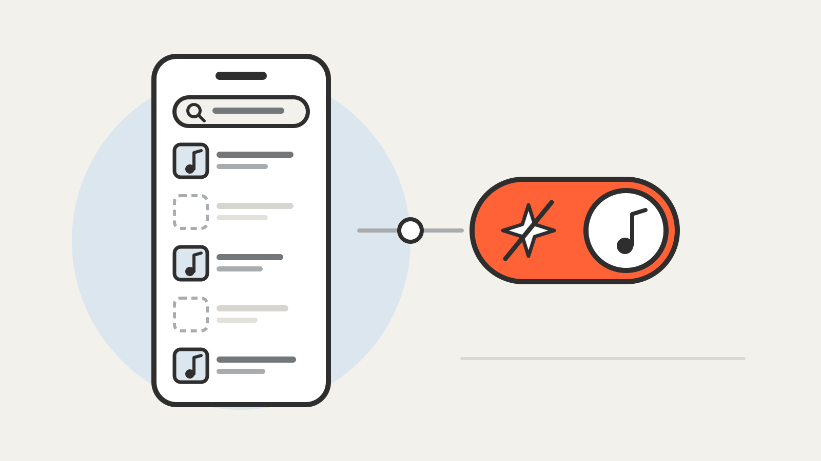 A phone search list with some music tracks filtered out, beside an orange toggle switched on that sets a crossed-out AI sparkle against a music note