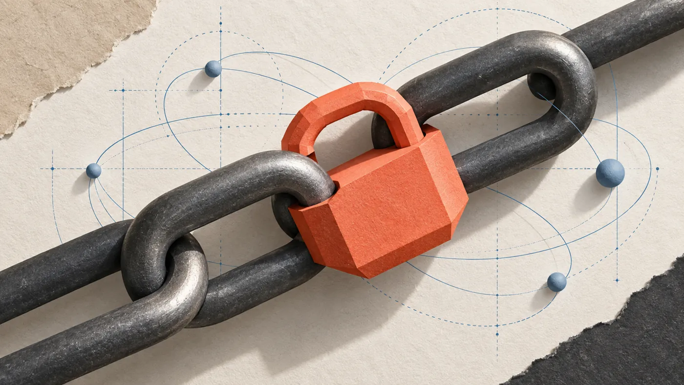Conceptual chain and orange lock over a quantum blueprint