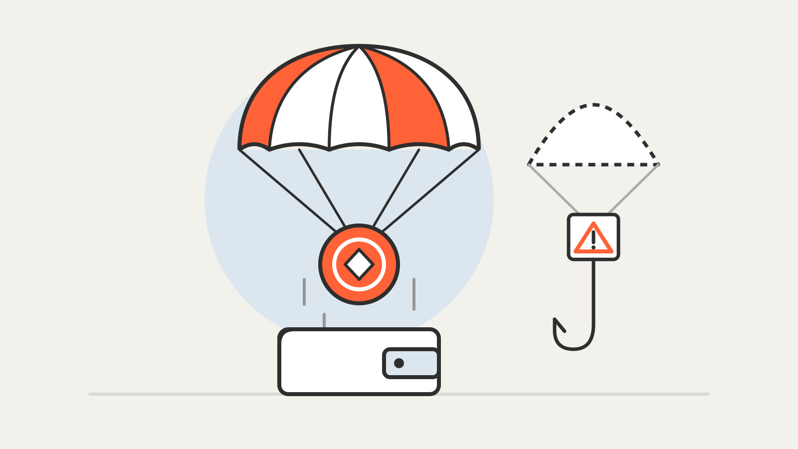Illustration of a parachute dropping a coin into a wallet, next to a decoy parachute carrying a warning crate on a hook