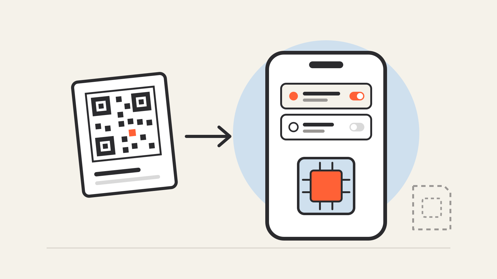 Illustration of a QR code card with an arrow to a phone that shows two eSIM line toggles and an embedded chip, beside the dashed outline of a removed SIM card